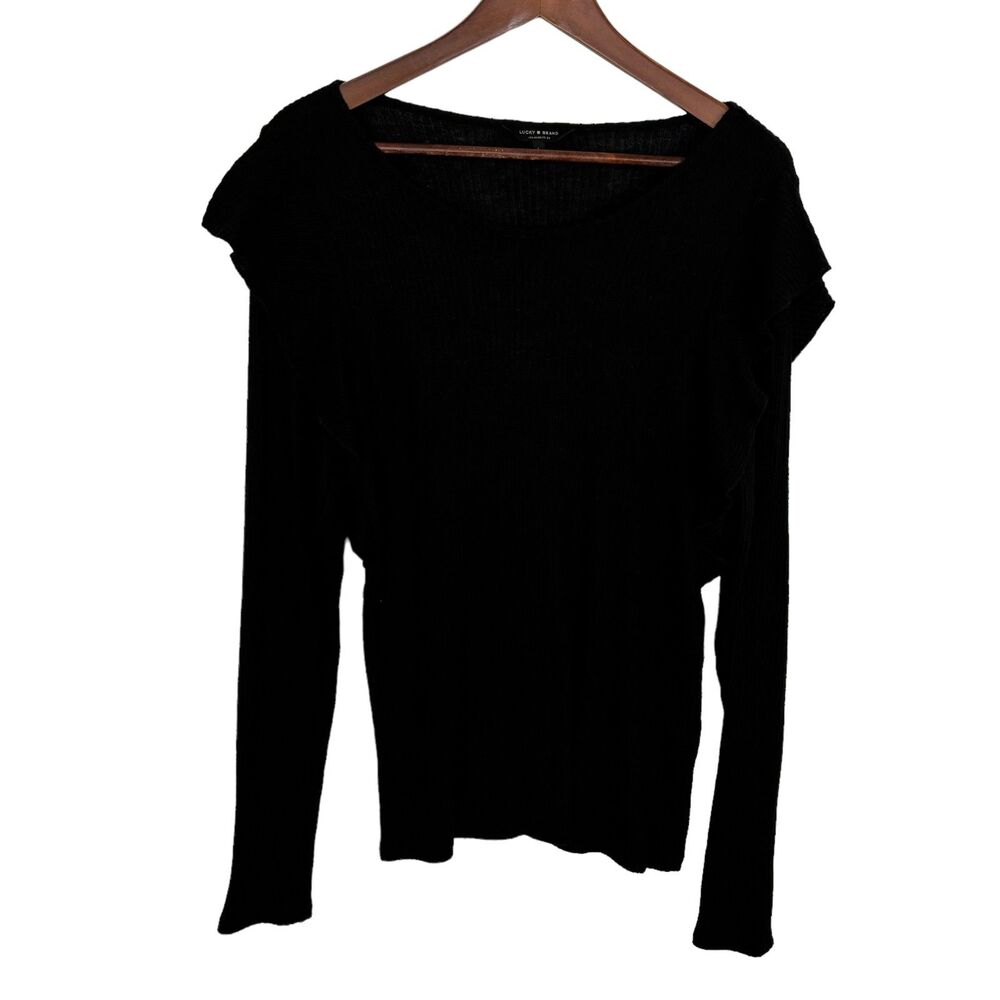 Lucky Brand Ribbed Black Long Sleeve Shirt Women's Large Ruffle Details